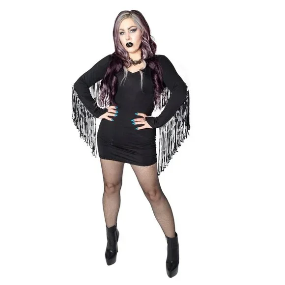 Fringe Bat Attack Black Goth Mini Bodicon Dress S-M-L-XL-3XL NWT - Picture 3 of 4